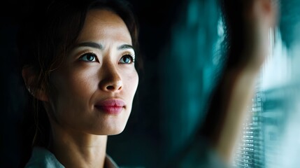 Fototapeta premium Focused Asian businesswoman examining financial data on digital dashboard