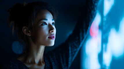 Asian businesswoman examining financial data on digital dashboard