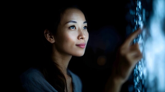 Asian businesswoman examining financial data on digital dashboard