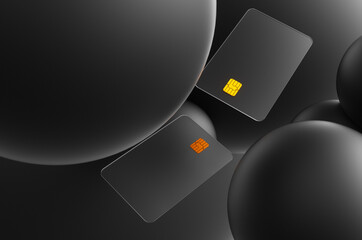 Close-up of transparent credit card against black spheres. 3d rendering illustration