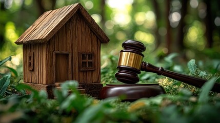 Miniature wooden house and gavel on moss-covered ground in forest