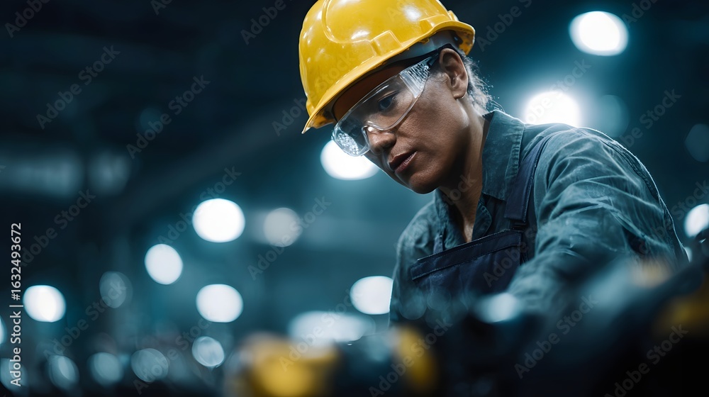 Poster worker operating robotic arm in a smart factory under focused lighting