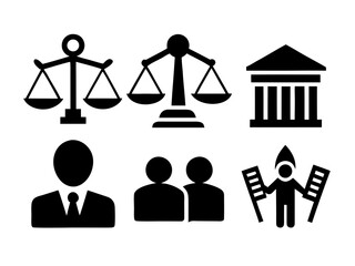 Justice symbols with scales, courthouse, lawyer