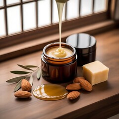 a cup honey with penat under wooden table