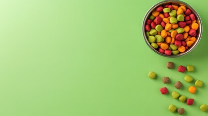 Obraz premium Colorful dog food in bowl on green background