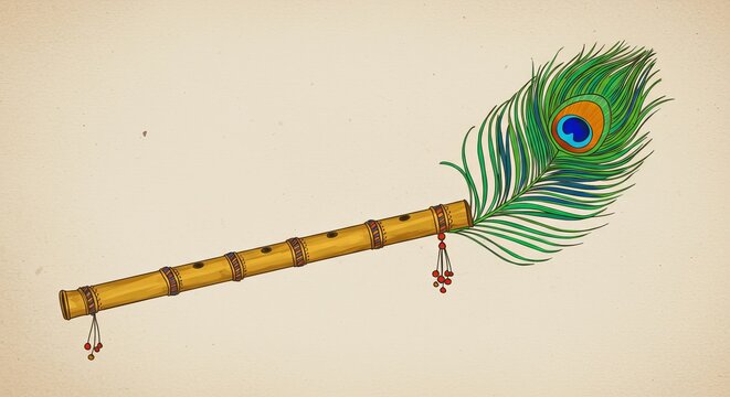 Happy Krishna Janmashtami Flute Illustration with Peacock Feather