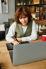 Freelancer immersed in tasks at home office with laptop and cozy ambiance