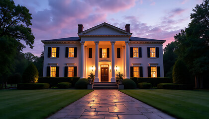 Majestic antebellum mansion illuminated at dusk with dramatic sky