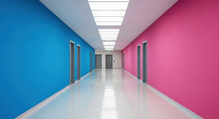 Obraz premium Bright Modern Hallway with Contrasting Blue and Pink Walls