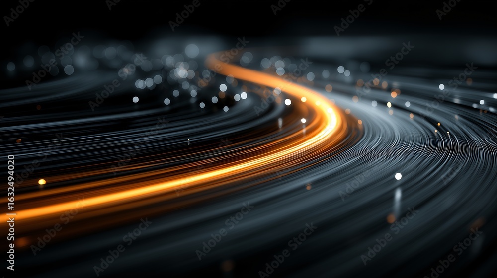 Poster abstract illustration representing a flowing stream of data, illuminated in a dynamic and vibrant di