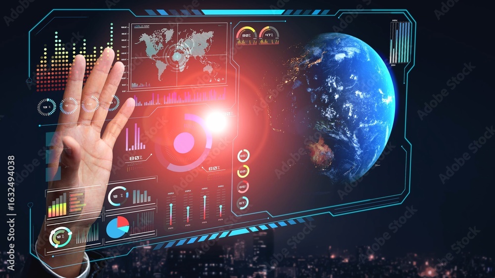 Poster high-tech global network connection interface showing worldwide digital communication, data exchange