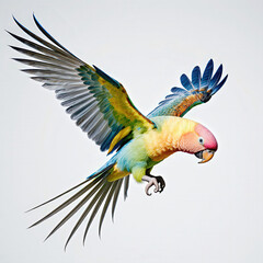 Fototapeta premium Rainbow Wings in Flight: A vibrantly colored parrot, displaying a rainbow of hues, soars majestically with its wings fully outstretched. This photorealistic image embodies freedom and beauty.
