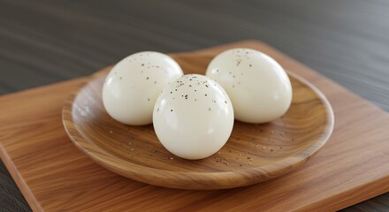 깔끔한 나무 접시에 담긴 세 개의 삶은 계란