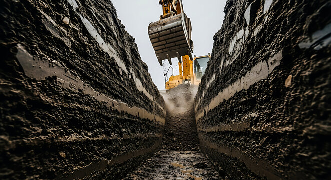 Excavator digging deep trench in construction site