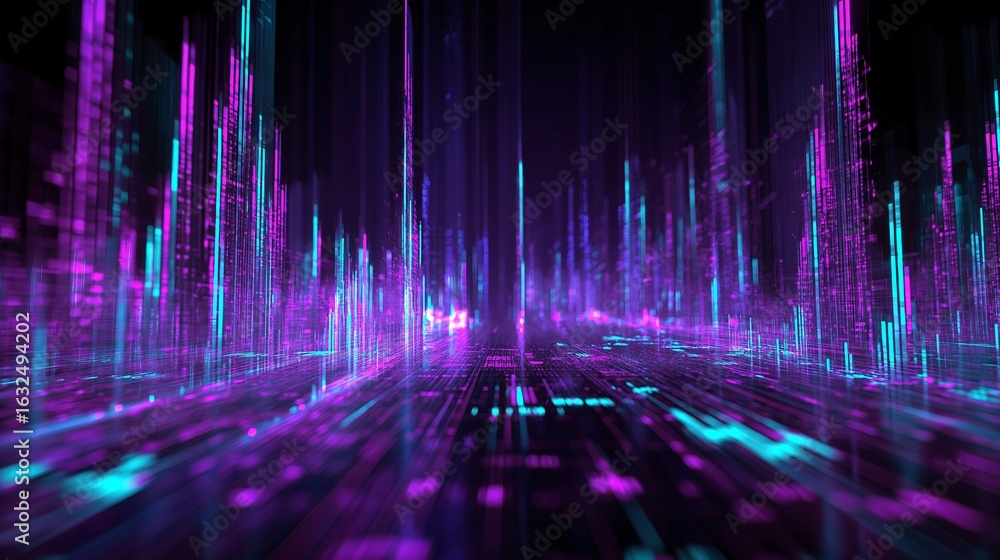 Poster abstract data visualization with neon blue and purple color spectrum, evoking digital energy. the im