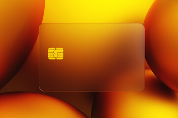 Close-up of transparent gold credit card on golden spheres background. 3d rendering illustration