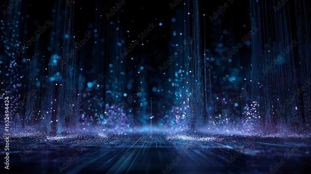 Poster abstract digital blue glowing light streaks with sparkling particles background, creating an atmosph