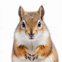 Fototapeta premium Squirrel's Direct Gaze: An up-close portrait captures a charming squirrel with expressive eyes, showcasing its endearing features against a clean backdrop.