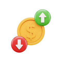 3d icon of yellow dollar coin with green up arrow and red down arrow, isolated on transparent background