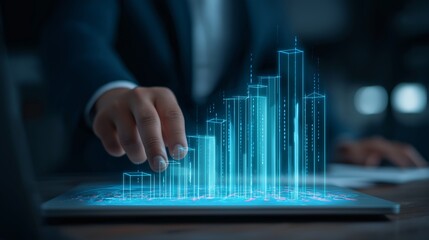 An image showing a person interacting with a digital line graph rising upward, symbolizing growth and progress