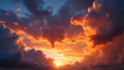 Dramatic sunset with fiery orange and red clouds illuminating the sky