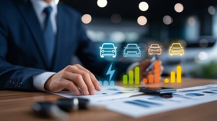 A businessperson analyzing car sales data and electric vehicle trends. The scene captures the essence of modern business strategy