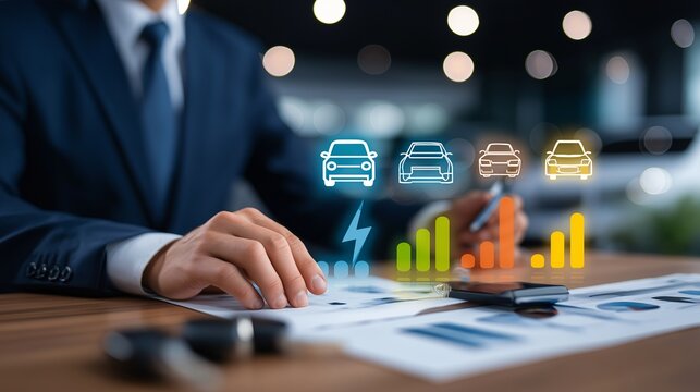 A businessperson analyzing car sales data and electric vehicle trends. The scene captures the essence of modern business strategy