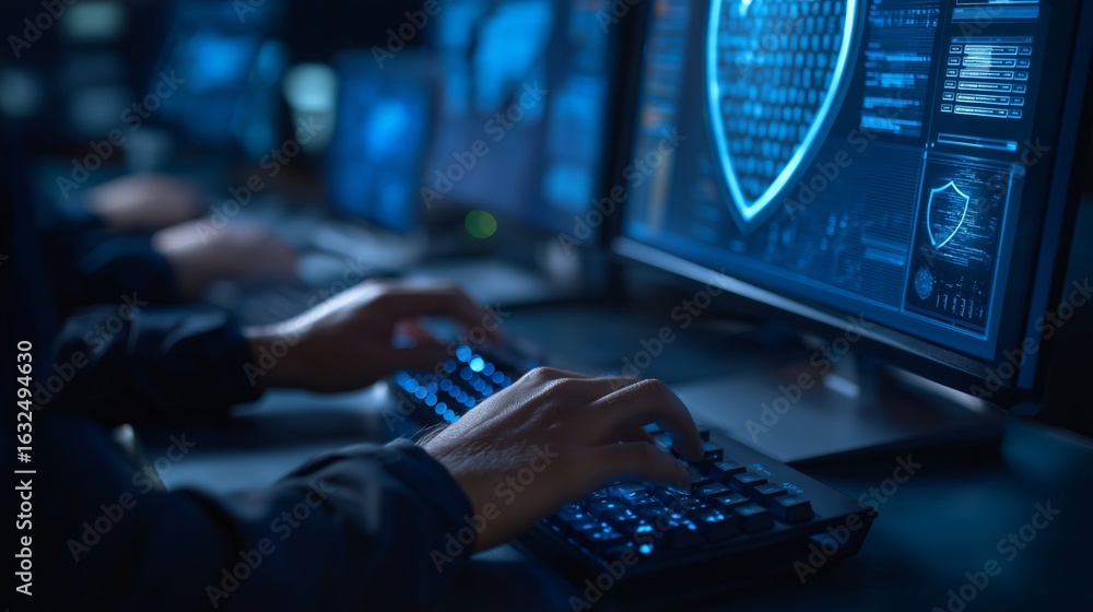Poster close-up of hands typing on keyboard with a digital screen with shield