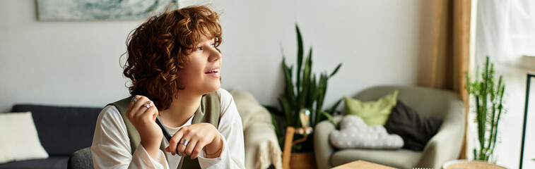 Fototapeta premium Curly haired woman enjoying a moment of tranquility in her modern apartment