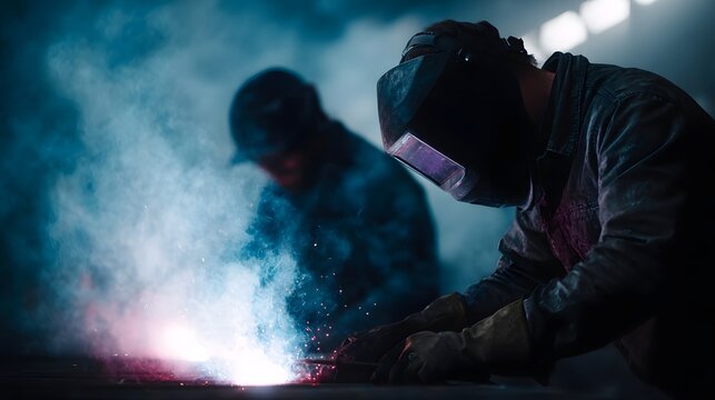 Industrial workers performing welding with intense lighting and smoke