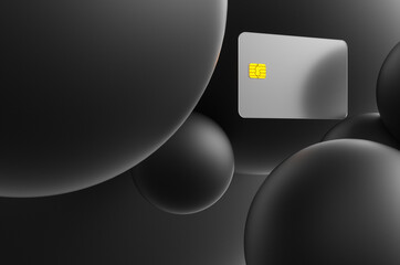 Close-up of transparent credit card against black spheres. 3d rendering illustration