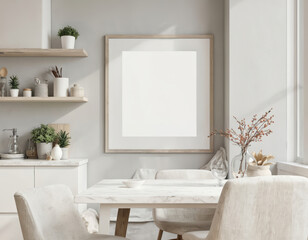 Minimalist Scandinavian kitchen room with white marble table, chairs. Simple design, clean white walls, floor, door. Small window lets in natural light. Countertop, shelf, sink complete space.