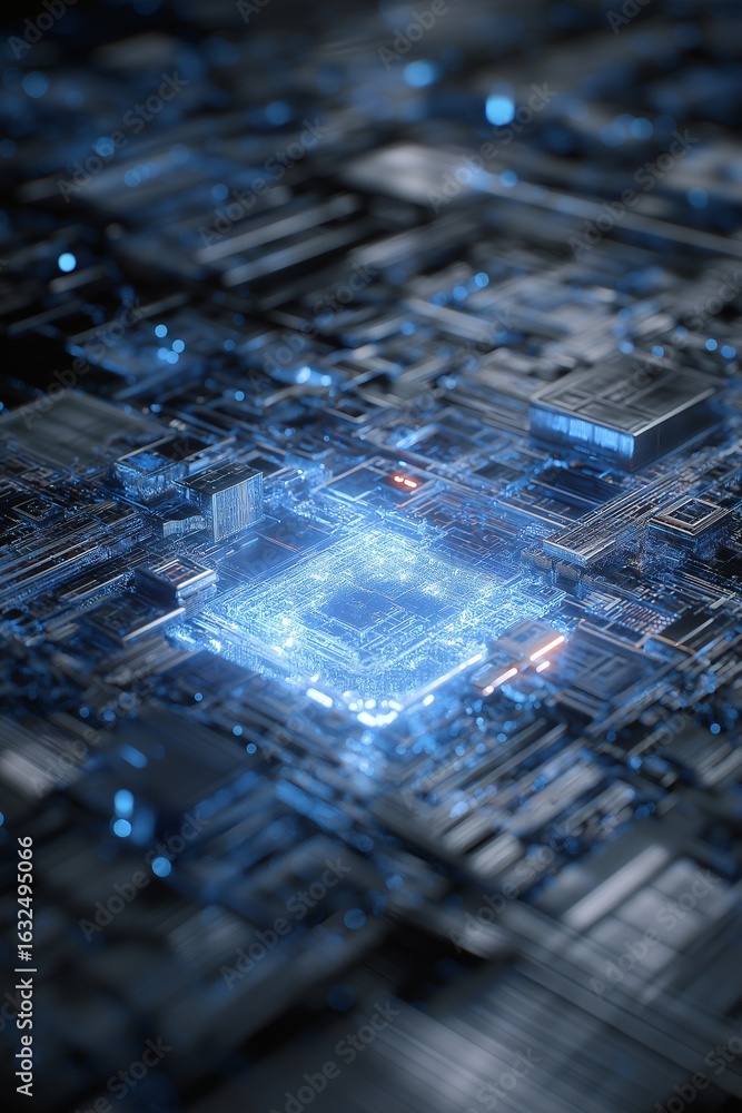 Poster a close-up of a computer's central processing unit (cpu), with blue lights emitting from the integra