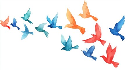 Obraz premium A beautiful watercolor illustration of colorful birds in flight, showcasing nature's vibrant palette.
