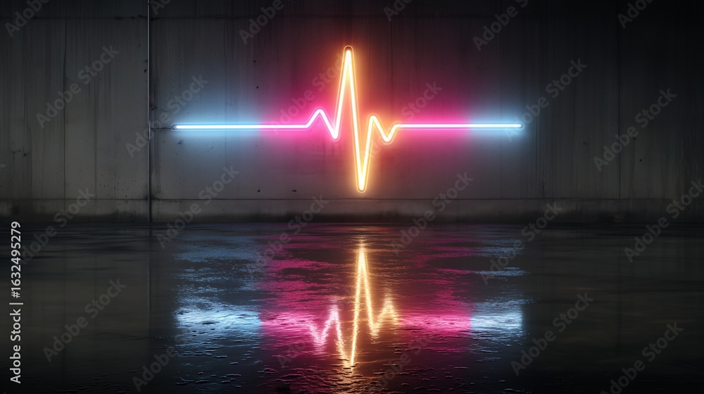Poster a neon pulse tracing a heartbeat with reflection