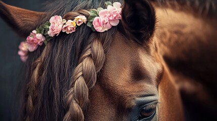 Close-up of a horse's head, mane braided with flowers, raising awareness about ethical treatment, cruelty-free brand generative ai
