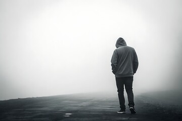 Lone figure walks into dense fog creating a feeling of mystery and introspection on a bleak day.