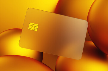 Close-up of transparent gold credit card on golden spheres background. 3d rendering illustration