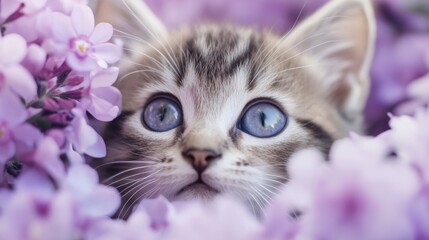 eyes of a kitten, surrounded by light purple flowers, theme of innocence and protection generative ai