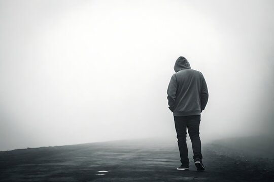 Lone figure walks into dense fog creating a feeling of mystery and introspection on a bleak day.