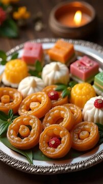 Traditional Indian sweets arranged on decorative platter with candles  