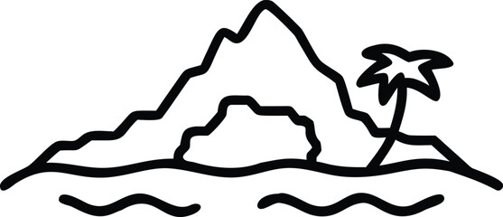 Black Line Art of a Tropical Island Landscape with Palm on White