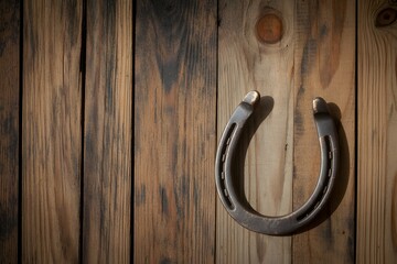 Rustic horseshoe hanging on weathered wooden wall, symbol of good fortune