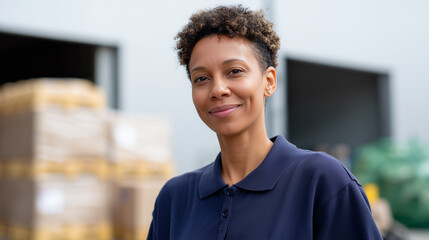 A smiling worker poses for a photograph in a warehouse environment. She is wearing a navy blue collared shirt, and there are stacked goods in the background. 