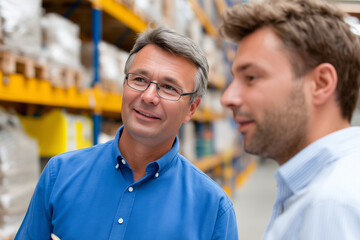 Two men, appearing to be managers, engaged in a conversation within a large storage facility. They stand near towering shelves filled with various items