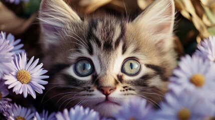 eyes of a kitten, surrounded by light purple flowers, theme of innocence and protection generative ai