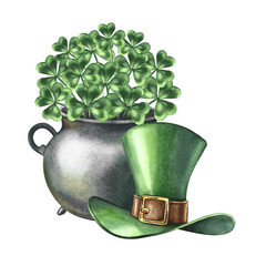 A cast-iron cauldron filled with clovers and a leprechaun's cylinder. Hand-drawn watercolor illustration. Conceptual design for St. Patrick's Day. For greeting cards, banners, and festive decor.
