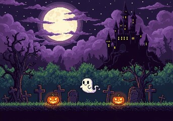 Pixel art Halloween scene with a ghost in a graveyard and a spooky castle under a full moon
