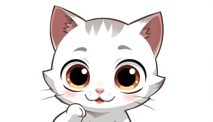 White kitten with black stripes on ears, paws. Pink nose, big eyes. Playful expression, cute face. Light gray background. Cartoon character illustration