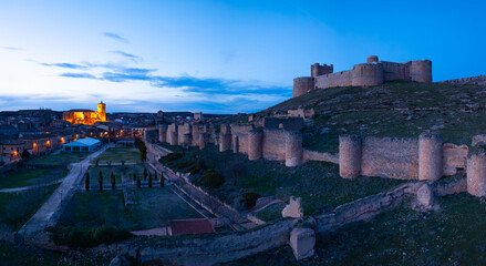 Aerial view from a drone of the castle and village of Berlanga de Duero in the Berlanga region....